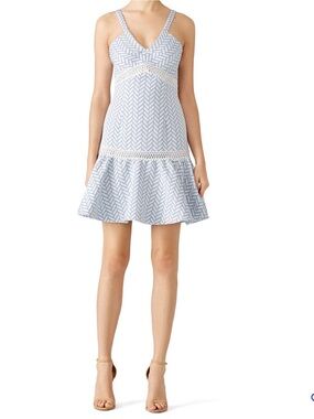 Shoshanna Blue Brandt Dress. Light Blue and White V‑Neck Fit‑and‑Flare Dress